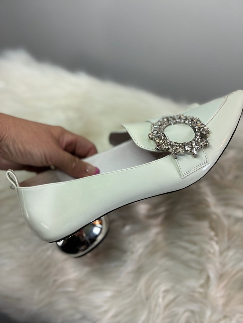 Jeffrey Campbell White Patent Pointed-Toe Flats with Crystal Buckles - Picture 4 of 10